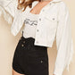 Fringe Detail Collared Neck Long Sleeve Denim Jacket