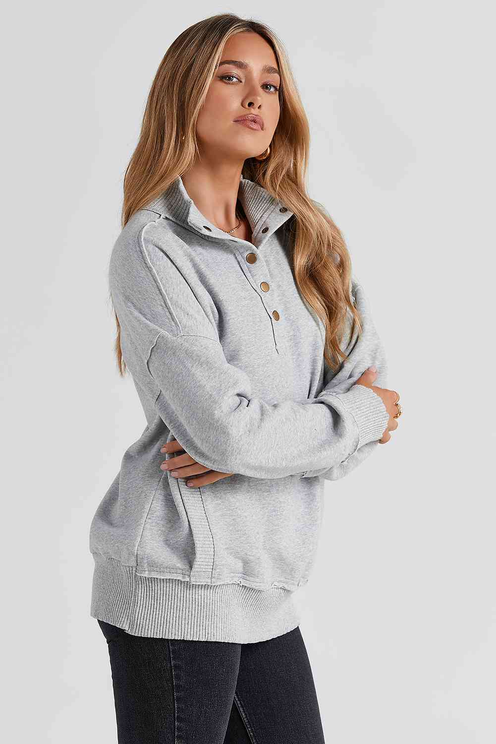 Half Sanp Drop Shoulder Long Sleeve Sweatshirt