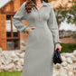 Half Zip Collared Neck Slit Midi Dress