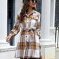 Plaid Belted Collared Neck Button Up Jacket