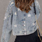 Pearl Trim Button Up Denim Jacket with Pockets