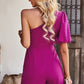 One-Shoulder Puff Sleeve Pleated Detail Romper