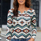 Printed Notched Neck Long Sleeve Top