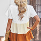 Color Block Notched Neck Tiered Short Sleeve Blouse