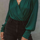 Ribbed Surplice Neck Lantern Sleeve Bodysuit