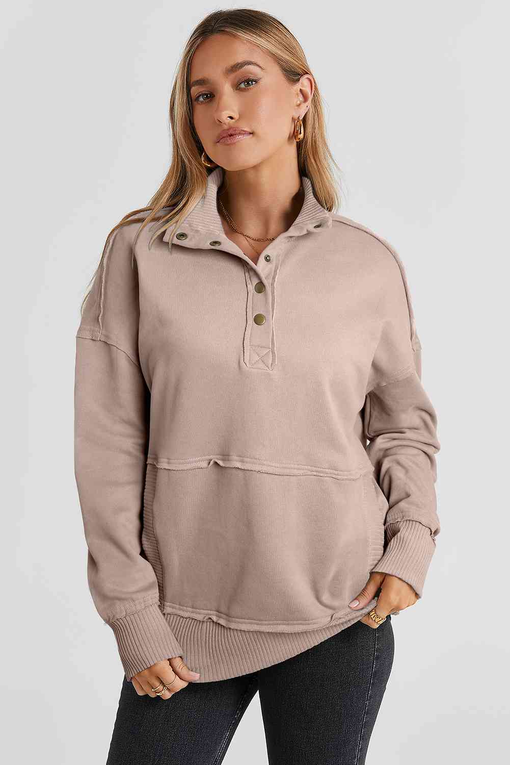 Half Sanp Drop Shoulder Long Sleeve Sweatshirt