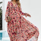 Floral Frill Trim Flounce Sleeve Plunge Maxi Dress