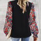 Round Neck Contrasting Color Printed Lantern Sleeve Top