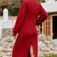 Half Zip Collared Neck Slit Midi Dress