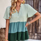Color Block Notched Neck Tiered Short Sleeve Blouse