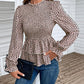 Printed Round Neck Smocked Flounce Sleeve T-Shirt