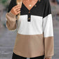 Color Block V-Neck Decorative Button Blouse