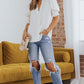 Smocked Flounce Sleeve Notched Neck Blouse
