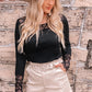 Spliced Lace Round Neck Long Sleeve Top