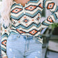 Printed Notched Neck Long Sleeve Top