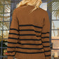 Striped Decorative Button Mock Neck Sweater