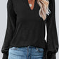 Frill Notched Neck Smocked Designed Long Sleeve Blouse