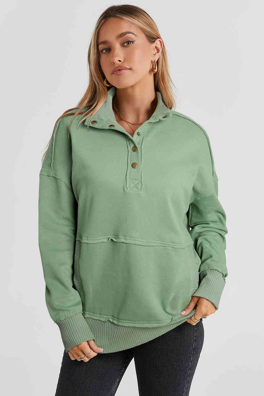 Half Sanp Drop Shoulder Long Sleeve Sweatshirt