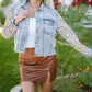 Leopard Button Up Raw Hem Denim Jacket