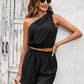 One-Shoulder Crop Top and Paperbag Waist Shorts Set