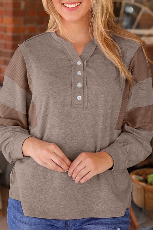 Waffle Buttoned Long Sleeve Top