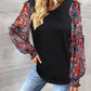 Round Neck Contrasting Color Printed Lantern Sleeve Top