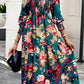 Printed Smocked Lantern Sleeve Ruffled Dress