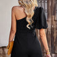 One-Shoulder Puff Sleeve Pleated Detail Romper