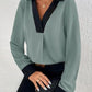 Contrast Trim V-Neck Long Sleeve Blouse