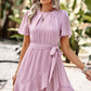 Round Neck Flutter Sleeve Belted Dress