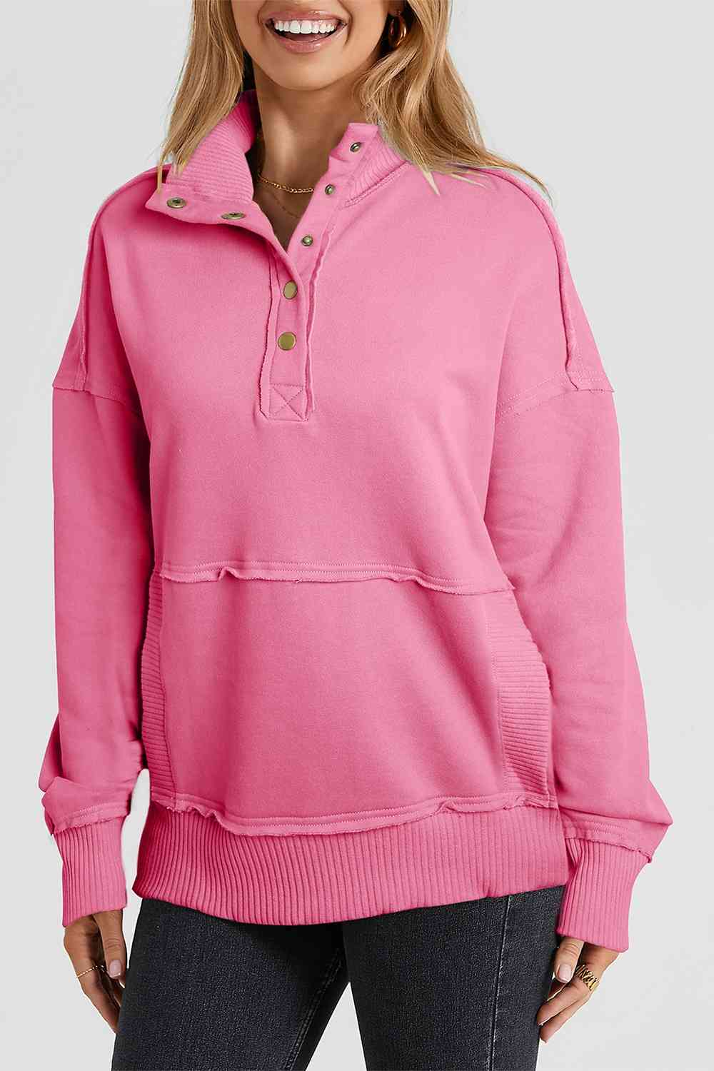 Half Sanp Drop Shoulder Long Sleeve Sweatshirt