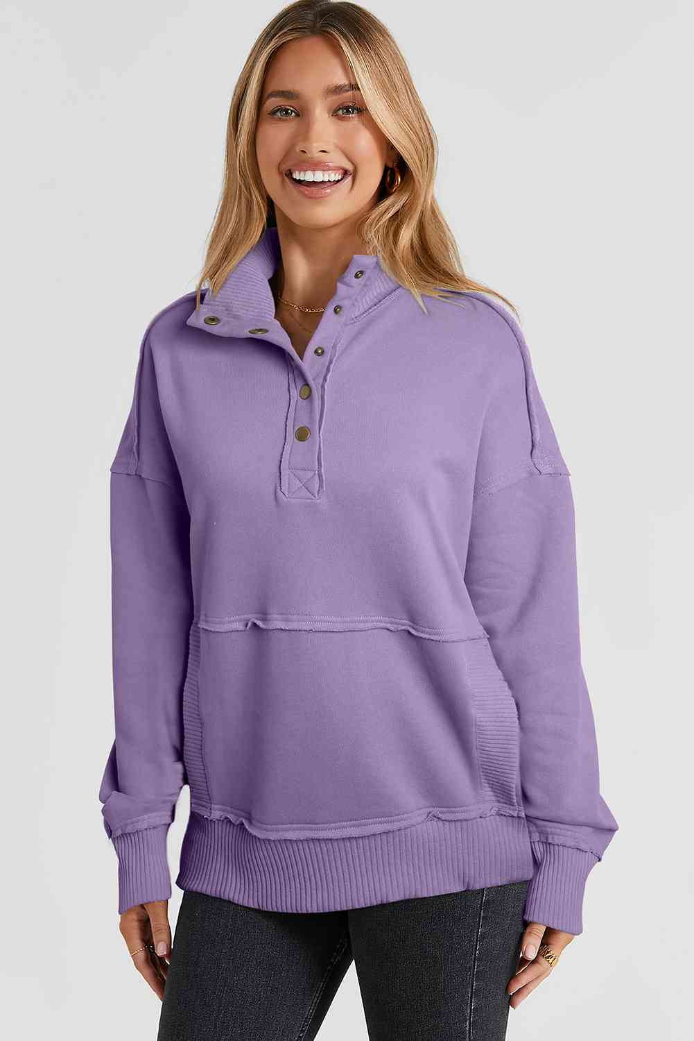 Half Sanp Drop Shoulder Long Sleeve Sweatshirt