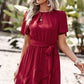 Round Neck Flutter Sleeve Belted Dress
