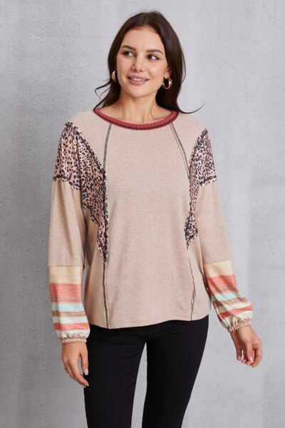 Contrast Stitching Leopard Long Sleeve Blouse