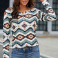 Printed Notched Neck Long Sleeve Top