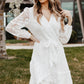 Pompom Trim Puff Sleeve Belted Lace Dress
