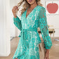 Pompom Trim Puff Sleeve Belted Lace Dress