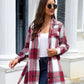 Plaid Belted Collared Neck Button Up Jacket