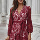 Pompom Trim Puff Sleeve Belted Lace Dress