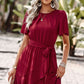 Round Neck Flutter Sleeve Belted Dress