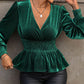 Smocked Surplice Lantern Sleeve Peplum Blouse