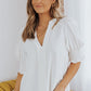 Smocked Flounce Sleeve Notched Neck Blouse