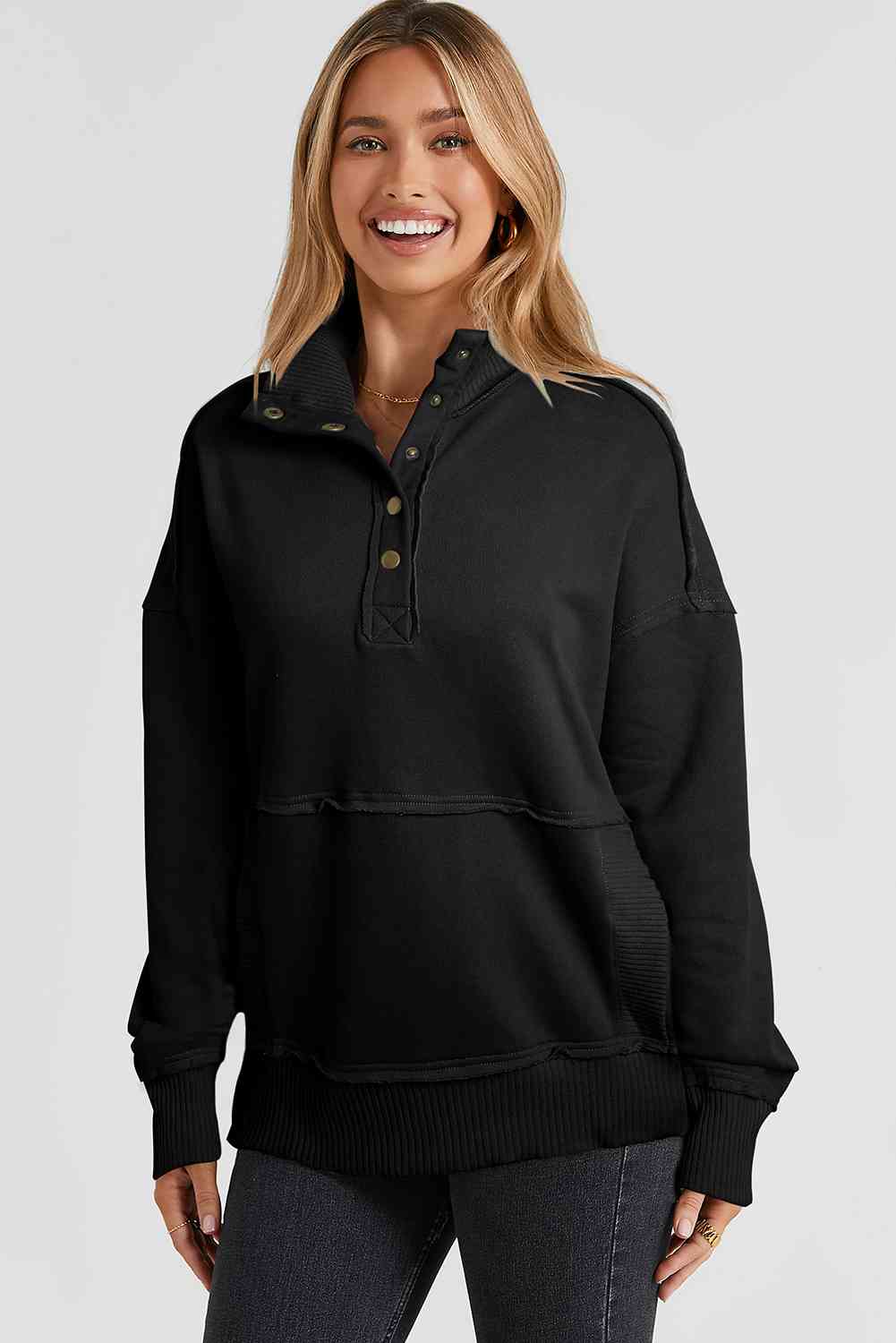 Half Sanp Drop Shoulder Long Sleeve Sweatshirt
