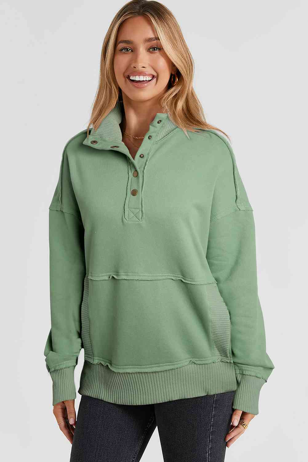 Half Sanp Drop Shoulder Long Sleeve Sweatshirt