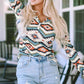 Printed Notched Neck Long Sleeve Top