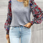 Round Neck Contrasting Color Printed Lantern Sleeve Top
