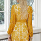 Pompom Trim Puff Sleeve Belted Lace Dress