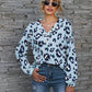 Leopard V-Neck Decorative Button Long Sleeve Blouse