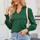 Frill Notched Neck Smocked Designed Long Sleeve Blouse