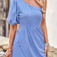 One-Shoulder Puff Sleeve Pleated Detail Romper